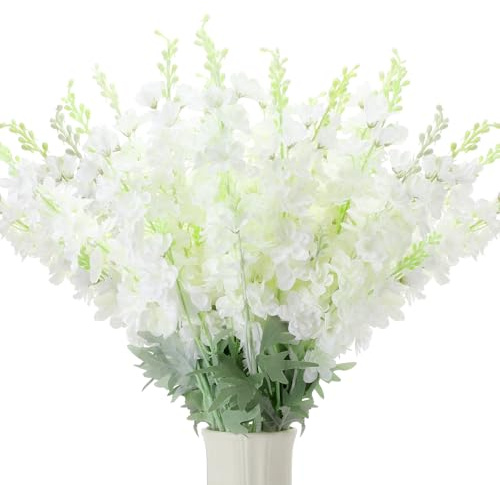 Thiccywoov 50 Pcs Delphinium Artificial Flower 35.4'' Long Larkspur Stem Silk Fake Faux Flowers Bulk for Tall Vase Floral Arrangements Home Centerpiece Table Wedding Decor (White)
