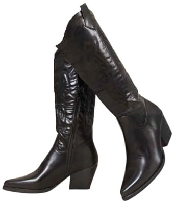 iKrush Women's Faux Leather Black Western Stitch Knee High Block Heel Pointed Toe Boots