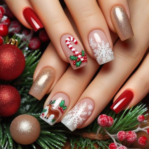 Christmas Nails, Holiday Fake Nails with Glue | 12 Sizes, Holiday Fake Nails, For Parties DIY Manicure, Gift for Women Girls