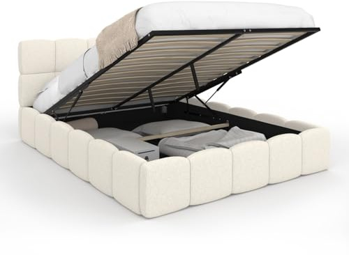 IDMarket - Lit Coffre Double Nuage 140 x 190 cm Tissu Bouclette Blanc | Avec tête de lit matelassée et sommier