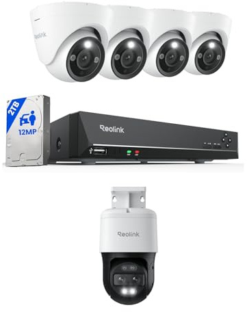 Reolink PoE Überwachungskamera Set Aussen, 8-Kanal NVR mit 2TB HDD für 24/7 Aufzeichnung, 4X 12MP Dome IP Kameras und 1X 4K 8MP PTZ PoE Überwachungskamera Außen, Personen-/Fahrzeug-/Tiererkennung