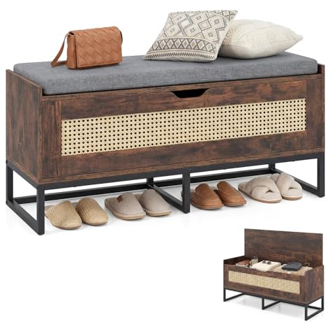 COSTWAY Flip-Top Shoe Bench, Rattan Storage Chest Box (Rustic Brown+Black) | with Padded Seat Cushion, 100cm Hidden Shoe Rack Organizer, Hallway Bench Bed End Stool, for Entryway Bedroom, 240KG Load