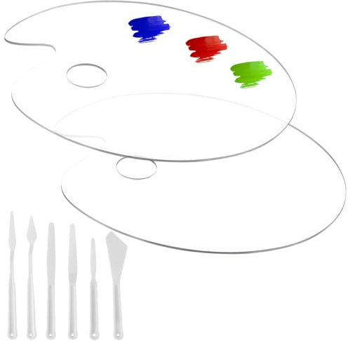 2 Stück Mischpalette Acrylfarben 20×30cm mit 6 Stück Kunststoff Malmesser | Mischen mit Griffloch, Oval Klare Acryl Malpalette für Lehrer und Schüler, Künstler, DIY Kunsthandwerk
