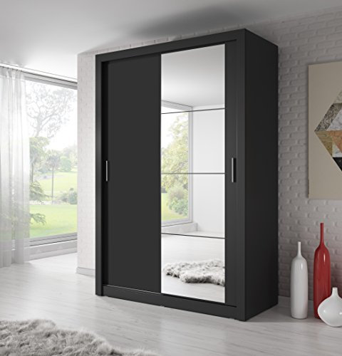 Arthauss Modern Bedroom Mirrored Sliding Door Wardrobe Arti 6 in Black Matt 120cm - Flat Pack Wardrobe with Sliding Doors, Perfect for Space-Saving, Sliding Door Wardrobe with Customisable Interior