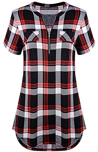 Odosalii Chemisier à carreaux, pour femme, avec un col en V, des manches longues et retroussables en 3/4, une fermeture éclair, haut,tunique, long t-shirt, Carreaux rouges - Manches courtes., S