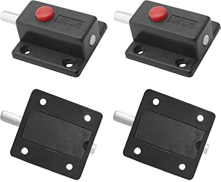 MroMax 8Pcs Spring Loaded Door Bolt Latch, Black Plastic Sliding Flush Barrel Latch with Switch Button Without Handle for Door, Cabinet, Furniture Hardware Accessories