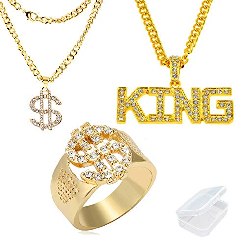 JinYu 3er Pack Herren vergoldet Hip Hop Cz Inlay Dollar Zeichen Ringe und Anhänger Halskette und KING Zeichen Anhänger Halskette mit Box