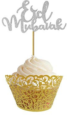 Aeromdale Glitzernde Kuchendekoration Eid Mubarak Party Ramadan Dekor Cupcake Topper Muslim EID Cupcake Flaggen Kuchen Dekor - # B - 10 Stück