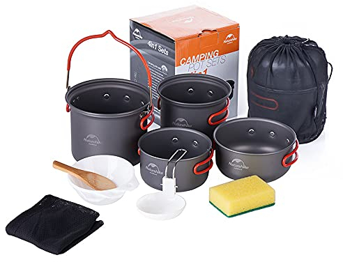 Naturehike Camping Kochgeschirr-Set Alu, Verbesserte Version mit Haken Leicht Stapelbar Picknick Topf Campinggeschirr für Rucksackreisen, Wandern und Picknick (Schwarzes Upgrade)