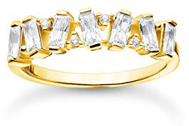 Thomas Sabo vergoldeter Ring mit Zirkonia Steinen im Baguette-Schliff in verschiedenen Fassungen, 750 Vergoldung, 925 Sterlingsilber, Ringgröße 58, TR2346-414-14-58