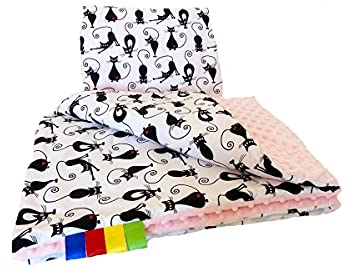 Welt der Träume Babydecke mit Kissen Kuscheldecke Baumwolldecke Kinderdecke Spieldecke Krabbeldecke mit super weichem Minky Baumwolle Decke 75 x 100cm Kissen 30 x 35cm (Katze/rosa)