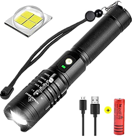 WINDFIRE Linterna táctica de 200000 lúmenes, recargable por USB, luz de flash LED súper brillante a prueba de agua, 5 modos de luz Linternas portátiles al aire libre con zoom para emergencia, camping