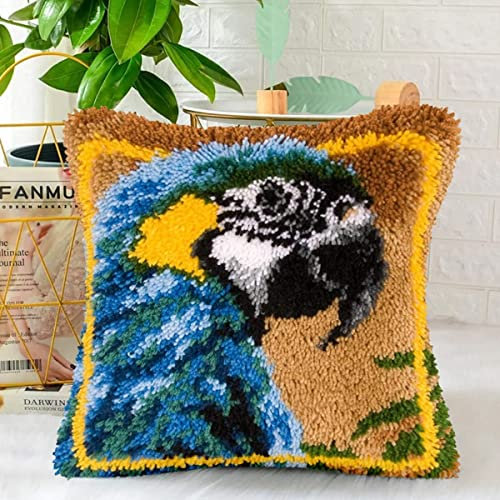 ROCKY&CHAO Knüpfhaken-Set für Erwachsene, DIY-Kissen-Set, Bastelset für Heimdekoration, 43 x 43 cm, Blauer Papagei