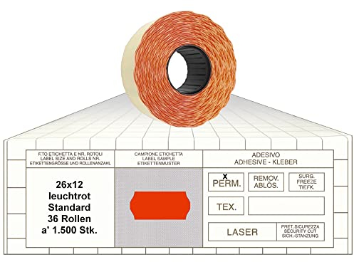 Preisauszeichner Etiketten 26x12 Standard leuchtrot 36 Rollen permanent Preisetiketten 1-Zeilig für Smart, Tovel, Meto, Contact, Sato, Samark, Printex