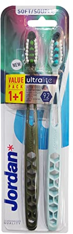 JORDAN Szcz.ULTRALITE 2er-Pack Soft Handzahnbürsten für Erwachsene, Uni, mehrfarbig, weich, tragbar, langlebig