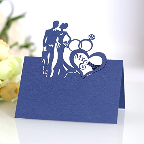 TROYSINC 100 Stück Hochzeit Tischkarten, Liebe Hochzeit Muster, Dreidimensional Platzkarten, Laser Schnitt Namenskärtchen, DIY Tischdeko für Hochzeit (Navy blau)