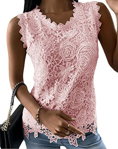 Tomwell Chemisiers Femme Dentelle Col V Tunique Haut à Manches Longues Pullover Élégant Chic Tee Shirt Casual Tops Z Rose XL