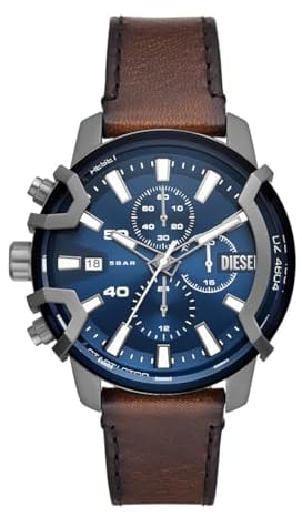 Diesel Herrenuhr Griffed, Chronographenwerk, 42 mm Gehäuse aus GunmetalEdelstahl mit Lederarmband, DZ4604