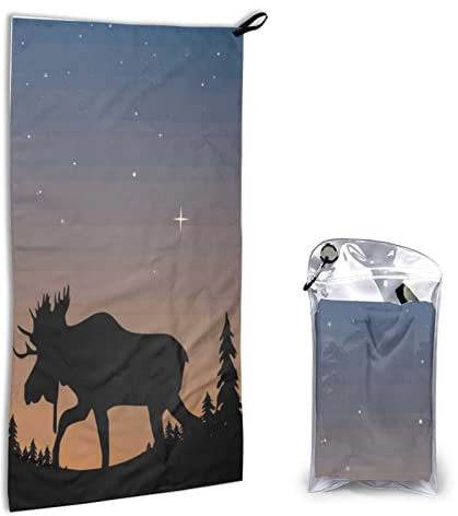 Schnell trocknendes Handtuch mit Tasche – Elch Bergkiefer Baum Wildnis bedruckt super saugfähiges Gesichtstuch Mikrofaser Reise Sport Handtücher 40 x 80 cm