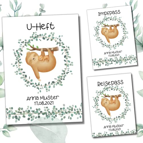 My-Little Reisepass & U-Heft & Impfpasshüllen | Set 3-teilig | Geschenkidee personalisierbar mit Name & Geburtsdatum | Hülle für Untersuchungsheft, Impfpass & Reisepass | Faultier - Personalisiert