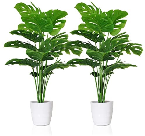SAJANDAS 2er Set Kunstpflanzen Monstera mit Weißen Plastiktöpfen, 70 cm Künstliche Tropischen Monstera Pflanzen Grüne Blätter mit Stielen und Töpfen, Fake Pflanzen für Zuhause Büro Deko