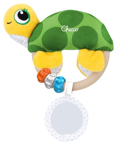 Chicco Easy Grab Turtle Toy, weiches Babyspielzeug mit Rassel, Spiegel, Kunststoffring und Perlen, leicht zu greifen, fördert die Entwicklung taktiler und visueller Fähigkeiten, 0-18 Monate