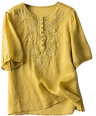 AMhomely Summer Womens Cotton Linen Loose Blouse Tops Ladies T-Shirts Embroidery Shirts Short Sleeve Elegant Blouse Solid V Neck Tunic Tops Short Tee Shirts Going Out Dressy Tops Plus Size Yellow L