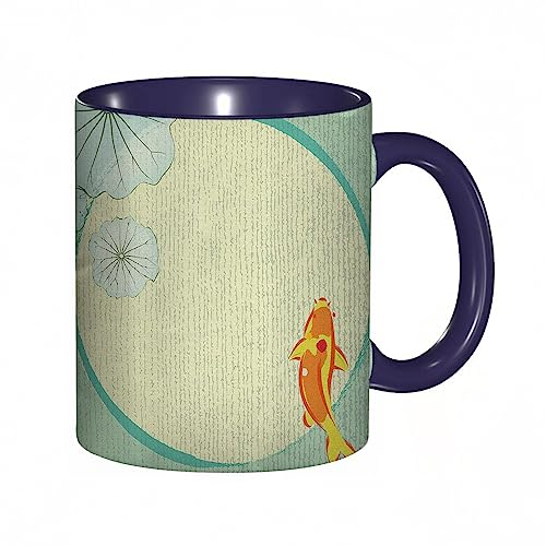 Tasse Keramik Cartoon chinesischer Fisch Koi in Lily Pond Oriental Floral Eastern rtwork Kaffeetassen Große 330ml Mit Henkel 100% Handbemalt Trinkgläser Mit Griff Personalisierte Geschenk