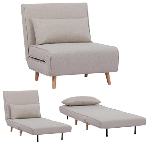 EVERGREENWEB Poltrona Letto Singolo con Cuscino Imbottito INCLUSO, Tessuto Beige, Divano 1 Posto Salvaspazio Pieghevole, Pouf Poggiapiedi, Comodo Schienale Regolabile Clic Clac, Gambe in Legno, FOLDY