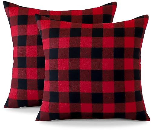 Ohok Dekorativ Vintage Kissenbezug, Polyester Leinen Plaid Zierkissenbezüge, Deko Sofakissen Couchkissen Kissenhülle Set für Schlafzimmer Wohnzimmer Sofa Couch Auto (50x50 cm, 2 Stück Rot-Schwarz)