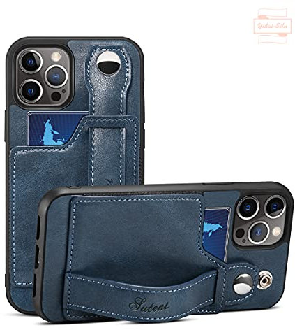 Yidai-Silu iPhone 15 Pro Max PU leather Wallet Case【Card Holder, Hand Strap, Kickstand】 Slim Money Pocket Shockproof Finger Clip Anti-Scratch Protective Back Cover for iPhone 15 Pro Max 6,7 - Blue