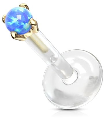 Paula & Fritz® Push-In Labret Piercing Gelbgold 14 Karat Echt-Gold Synthetischer Opal 3-mm Blau 1,2-mm Stärke 8-mm Länge Madonna Medusa Stud Bio-Flex