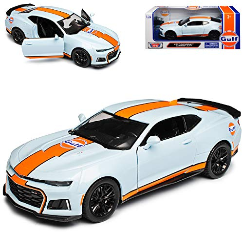 Motormax Chevrolet Camaro Coupe ZL1 Gulf Oil Blau mit Dach in Orange 6. Generation Ab 2015 Version Ab 2017 1/24 Modell Auto