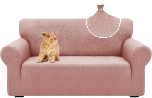 YSTELLAA Housse De Canapé 2 Places avec Accoudoirs, Universelle Housse Canapé Extensible, Protection Griffures Sofa Cover, Sofa Cover Lavable Antidérapante, Moderne, Rose Gris
