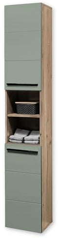 70-565-EY Hochschrank VISTA Badschrank Seitenschrank in Viking Oak / Schilf Grün ca. 34 x 190 x 31 cm