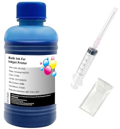 Hallosun 250ML Cyan Nachfülltinte Kompatibel für HP Canon Epson Brother Lexmark Printer Kompatibel mit nachfüllbaren Tintenpatronen CISS CIS System, 1 Spritze, 1 Handschuh