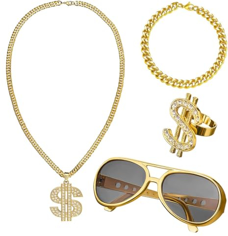 CPSYTE 4 Stück Dollar Kette Set,Goldkette Herren,Hiphop Kostüm Set,Rapper Goldkette Kostüm,Dollar Zeichen Halskette Ringe Sonnenbrille Goldkette Fasching Karneval für 70er,80er,90er Jahre