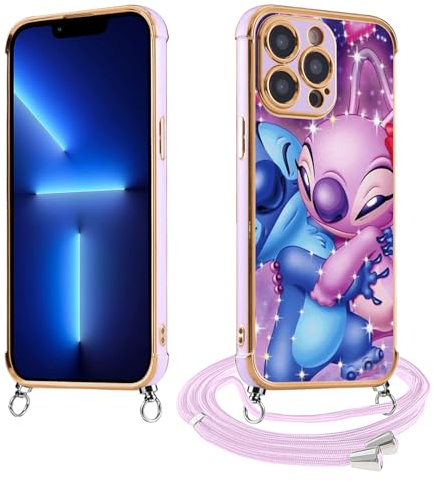 Stradvnaly Handykette für iPhone XR 6.1 Hülle mit Band, Stitch Niedlich Lustig Muster mit Handyhülle,Silikon Stoßfeste Kordel zum Umhängen Galvanik Schutzhülle,Ultra Dünn Kameraschutz Case, Lila 01