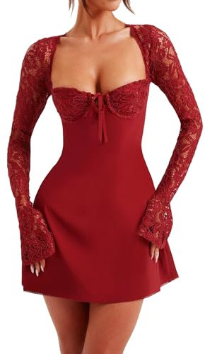 LOVHOT Women Lace Bodycon Mini Dress Y2k Square Neck Long Sleeve Bustier Short Dress Floral Lace Going Out Party Dress (Red, S)