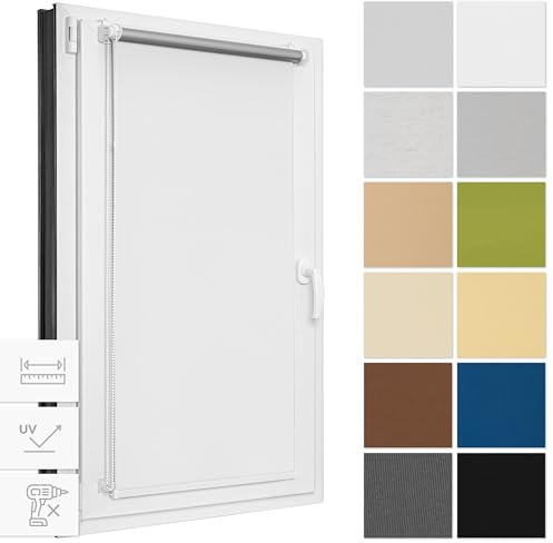 Estika Verdunklungsrollo ohne Bohren, Breite alle 1 cm - 62 cm x 150 cm - Weiß - Thermorollo, Rollos für Fenster ohne Bohren, Sonnenschutz Fenster innen