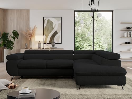 MKS MEBLE Sofa L, Wohnlandschaft L-Form mit Schlaffunktion und Bettkasten, Schlafsofa mit Bettkasten, Ecksofa, Sofa mit Einstellbare Kopfstützen, Pedro L - Schwarz Boucle - Rechts
