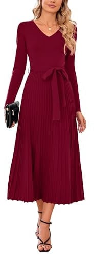 Arach&Cloz Jumper Dress for Women UK Long Sleeve Midi Knitted Pleated Dresses Fall Winter V Neck A Line Elegant Sweater Dress Wine Red