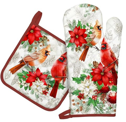 Arquiel Christmas Cardinal Oven Mitts and Pot Holders -100% Cotton, Heat Resistant Extra Long Oven Gloves & Hot Pads for Cooking BBQ Grilling Baking Gift, Set of 2