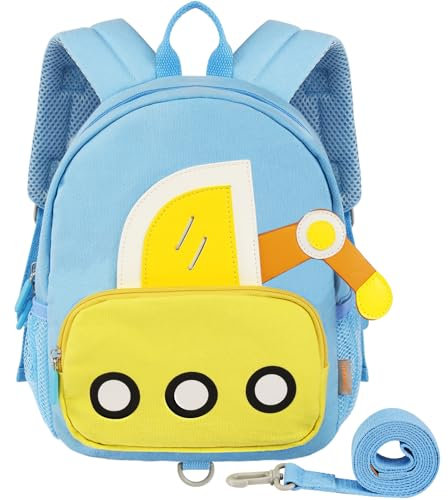 GAGAKU Kinderrucksack mit Sicherheitsgeschirr Gurt Antiverlorene Mini Cartoon Kinder Rucksack für Jungen 2-5 Jährige - Blau Bagger