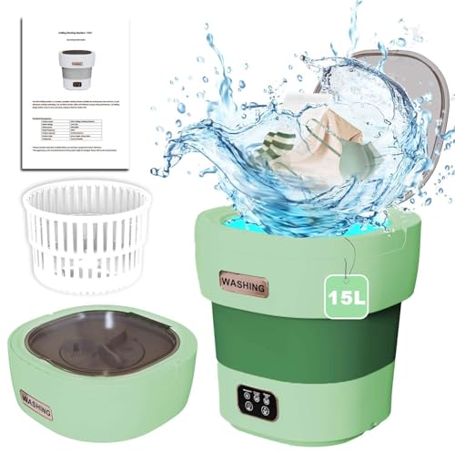 Camping Waschmaschine, 15L 2.3kg Mini Waschmaschine mit Schleuder, Washing Machine Small, Single Waschmaschine für Socken, Unterwäsche, Babykleidung, Reisen, Tourenwagen, Wohnheim, Grün