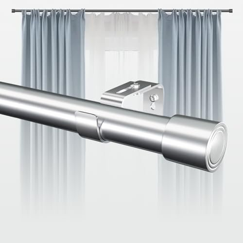 Curtain Poles for Eyelet Curtains Extendable Silver Curtain Pole Stainless Steel with Adjustable Brackets and Cap Finials Curtain Rods for Windows Door,Bedroom,Dining Room,Kitchen(67-296CM)