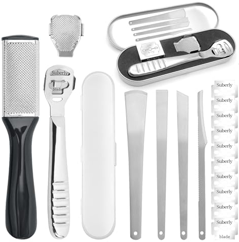 LUCKNIGHT Professionali Lima per piedi in Acciaio Inossidabile Kit per Pedicure Raschietto Rasoio Per Calli Pedicure Raschietto Piede Pelle Dura Rimozione Lime per Piedi con 10 Lame D'argento
