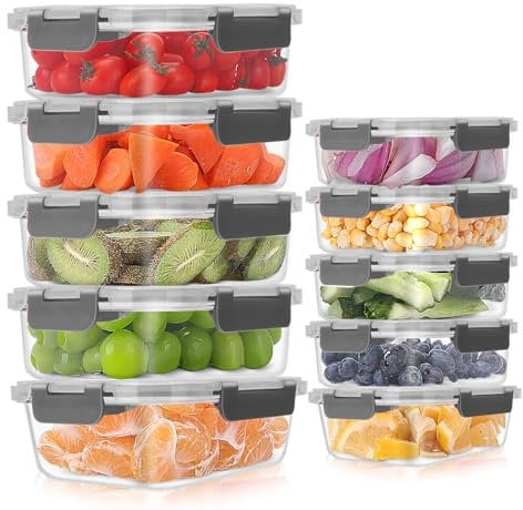 MEETOZ 10 Pack Glass Meal Prep Containers, Airtight Glass Food Containers, Stackable Glass Food Storage Containers Set with Lids,BPA-Free, for Microwave, Oven, Freezer and Dishwasher (Grey)