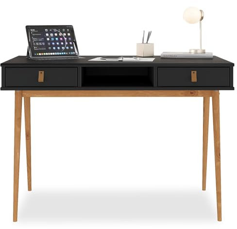 IDIMEX Schreibtisch Kim mit 2 Schubladen aus Massivholz, schwarz/eicheoptik - Home-Office Tisch mit offenem Fach, Bürotisch mit 2 Schubladen und Ledergriffen