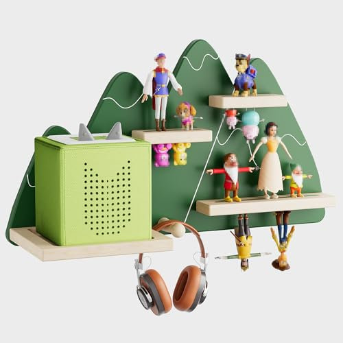 LUPWNEKA Green Mountain Tonie Shelf Wall Mounted - Tonies Wall Shelf for Toniebox, Charging Station, Magnetic Wood Display Floating Shelves for Tonie Figures Storage
